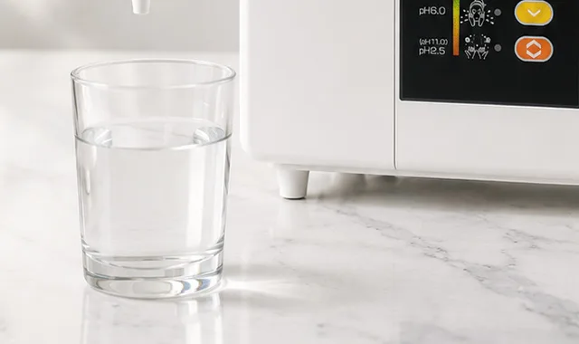 Ein Glas frisches Kangen Water neben dem SD501DX